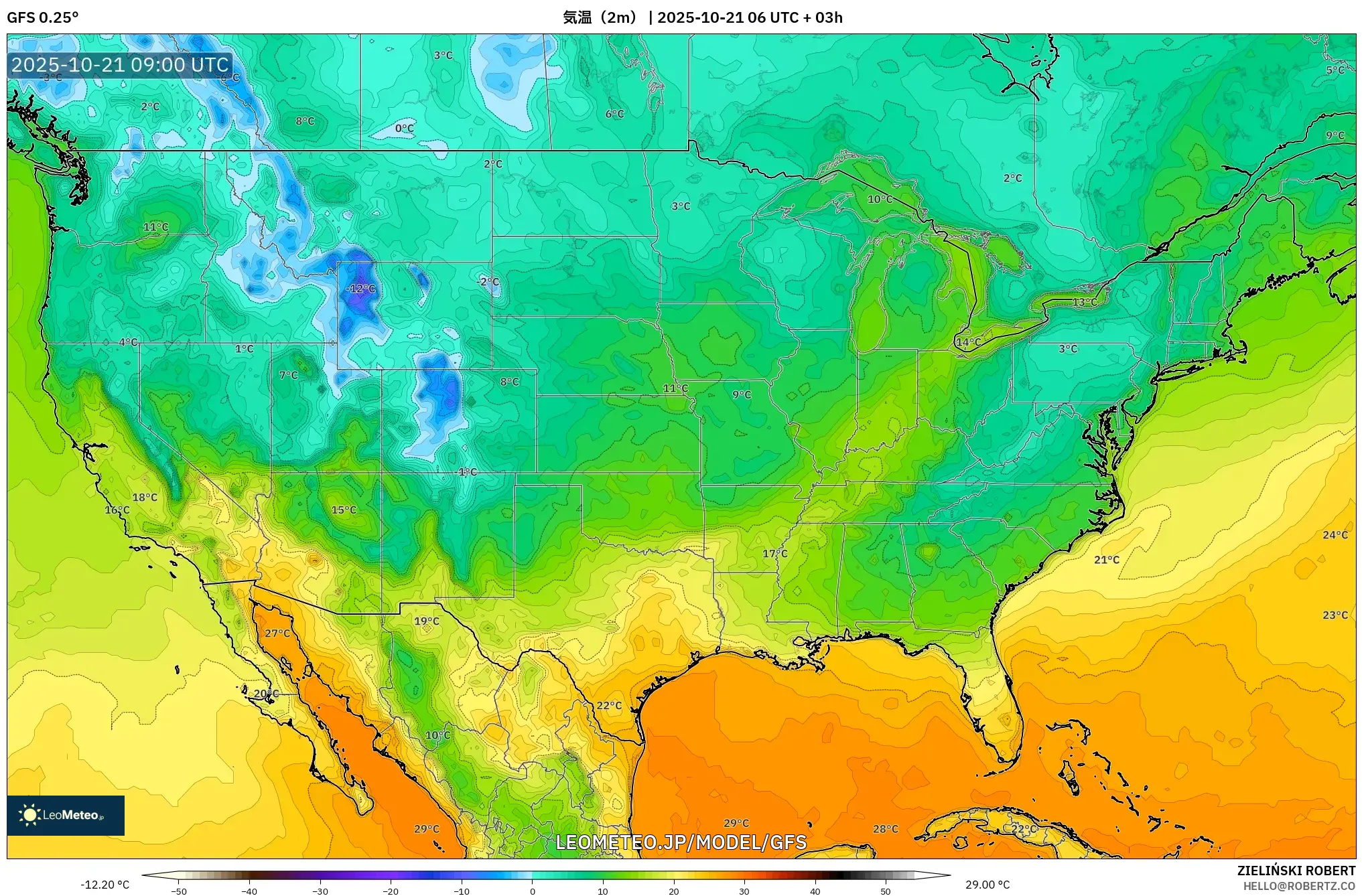GFS model - アメリカ合衆国, 気温(2m) GFS model - アメリカ合衆国, 気温(2m)