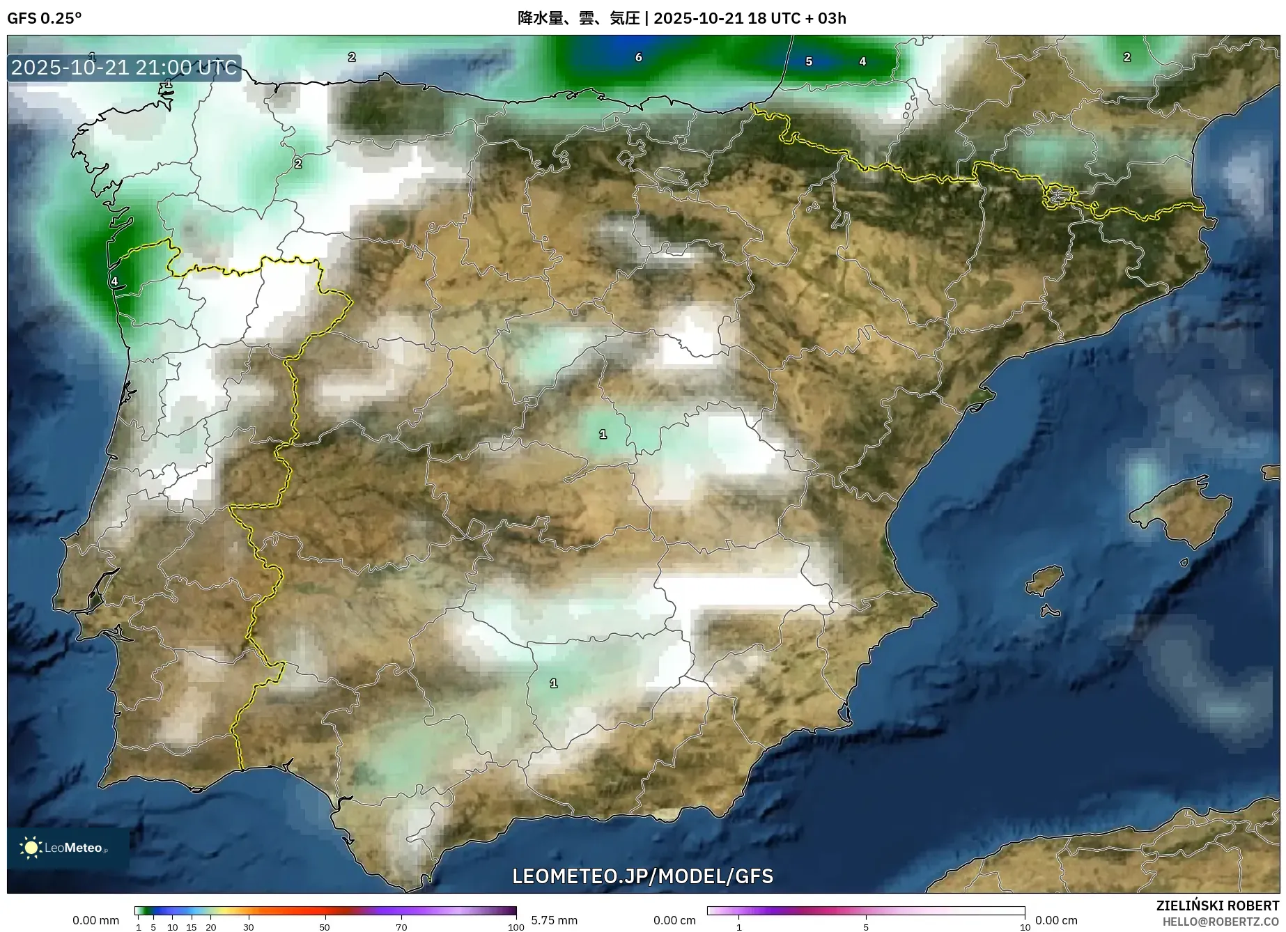 GFS model - スペイン, 降水量、雲、気圧 GFS model - スペイン, 降水量、雲、気圧