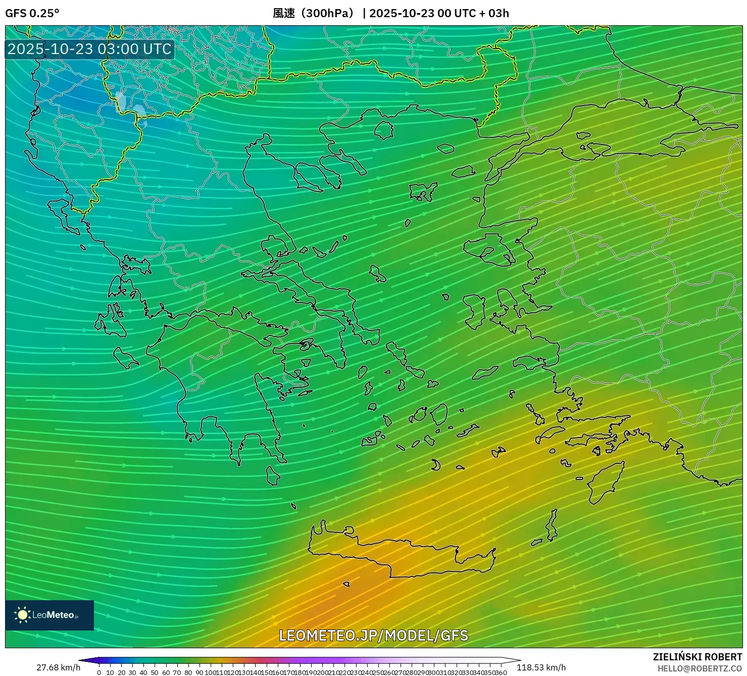 GFS model - ギリシャ, 風速（300hPa）