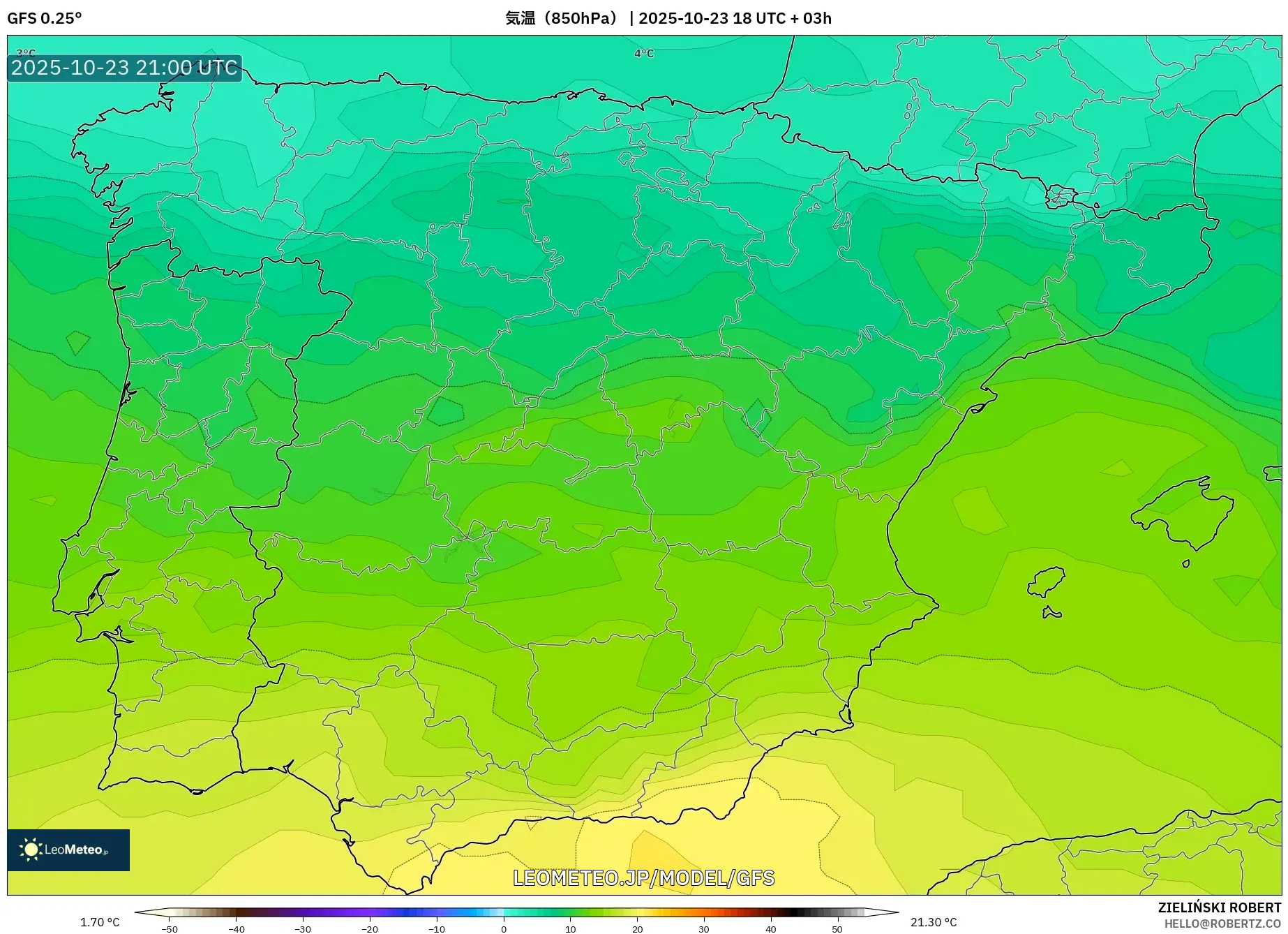 GFS model - スペイン, 気温(850hPa) GFS model - スペイン, 気温(850hPa)