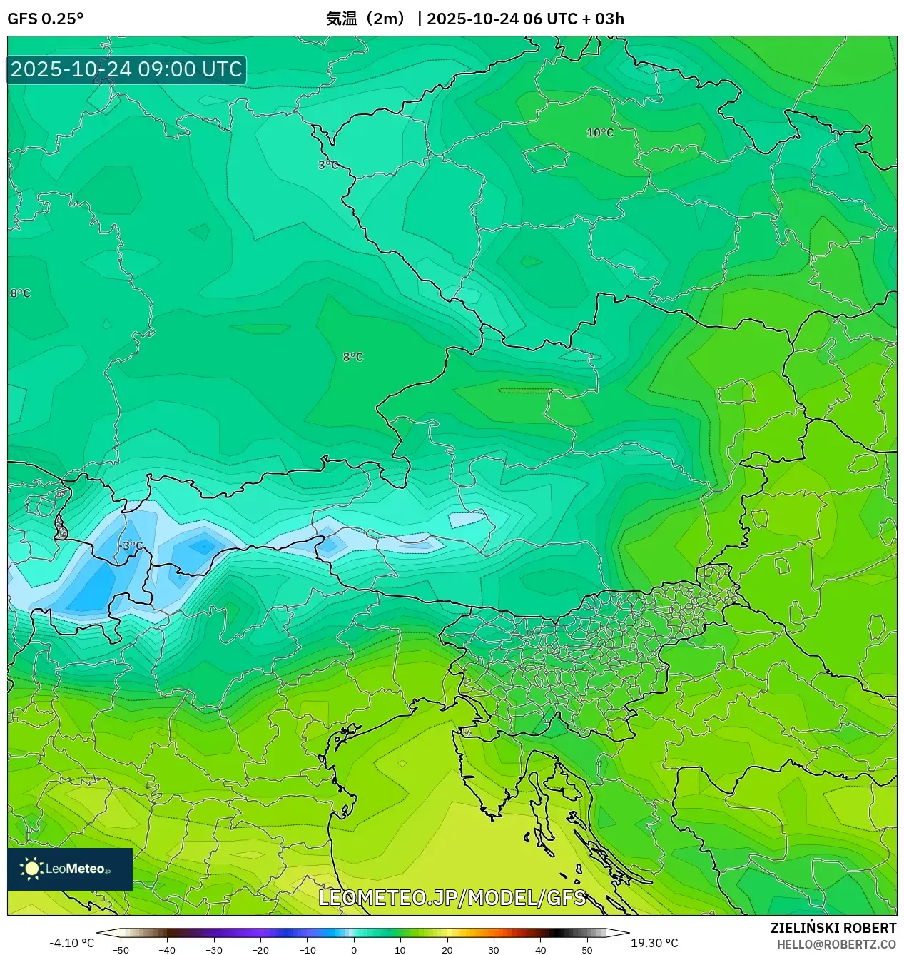 GFS model - オーストリア, 気温(2m) GFS model - オーストリア, 気温(2m)