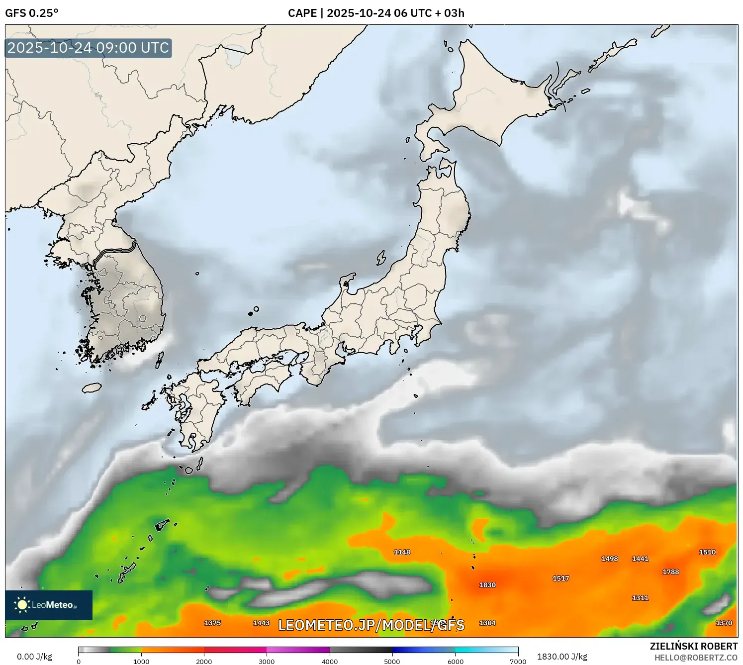 GFS model - 日本, CAPE GFS model - 日本, CAPE