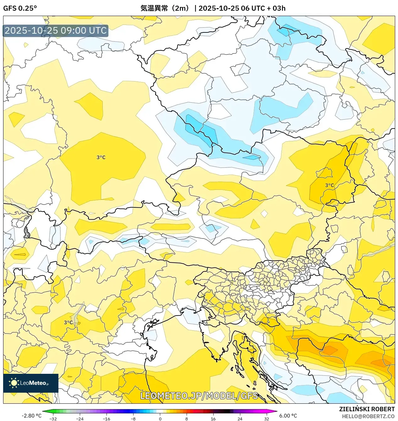 GFS model - オーストリア, 気温異常(2m) GFS model - オーストリア, 気温異常(2m)