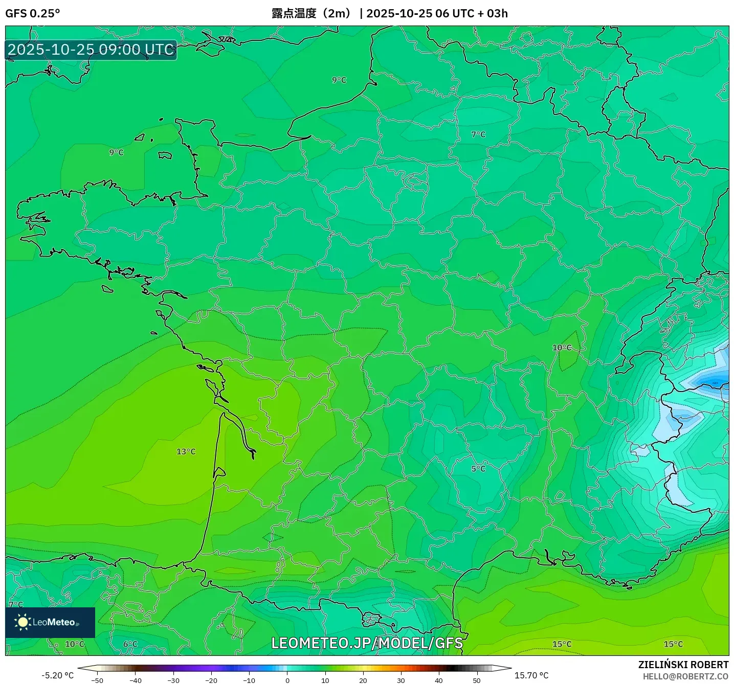 GFS model - フランス, 露点温度(2m) GFS model - フランス, 露点温度(2m)