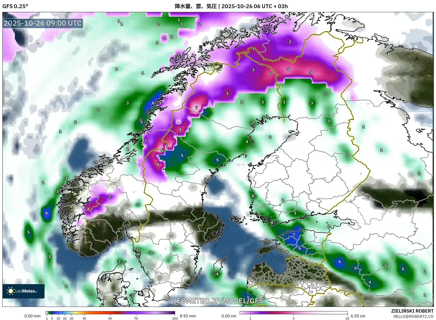 GFS model - スカンジナビア, 降水量、雲、気圧 GFS model - スカンジナビア, 降水量、雲、気圧