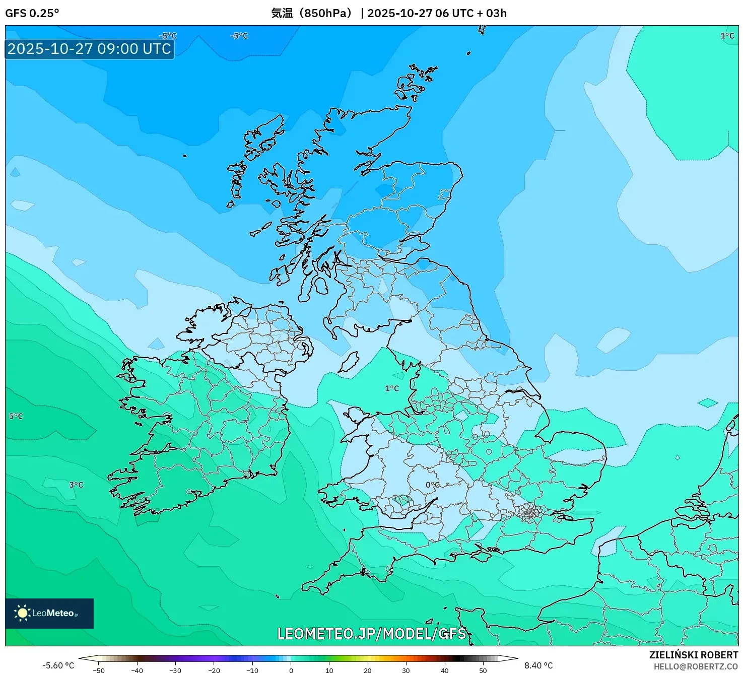 GFS model - イギリス, 気温(850hPa) GFS model - イギリス, 気温(850hPa)
