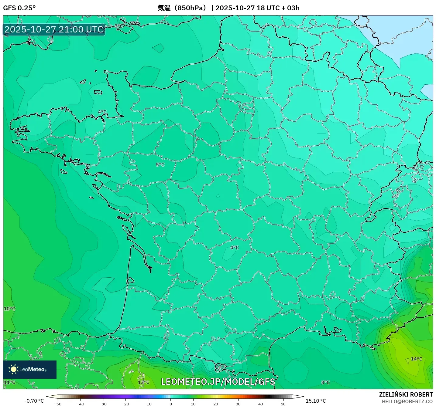 GFS model - フランス, 気温(850hPa) GFS model - フランス, 気温(850hPa)