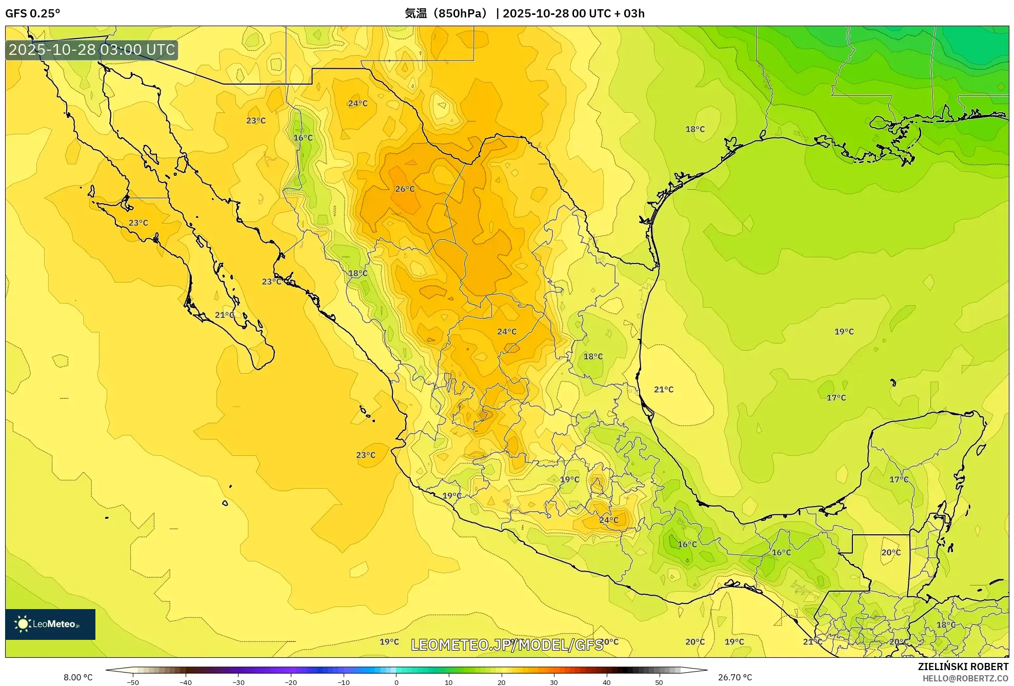GFS model - メキシコ, 気温(850hPa) GFS model - メキシコ, 気温(850hPa)