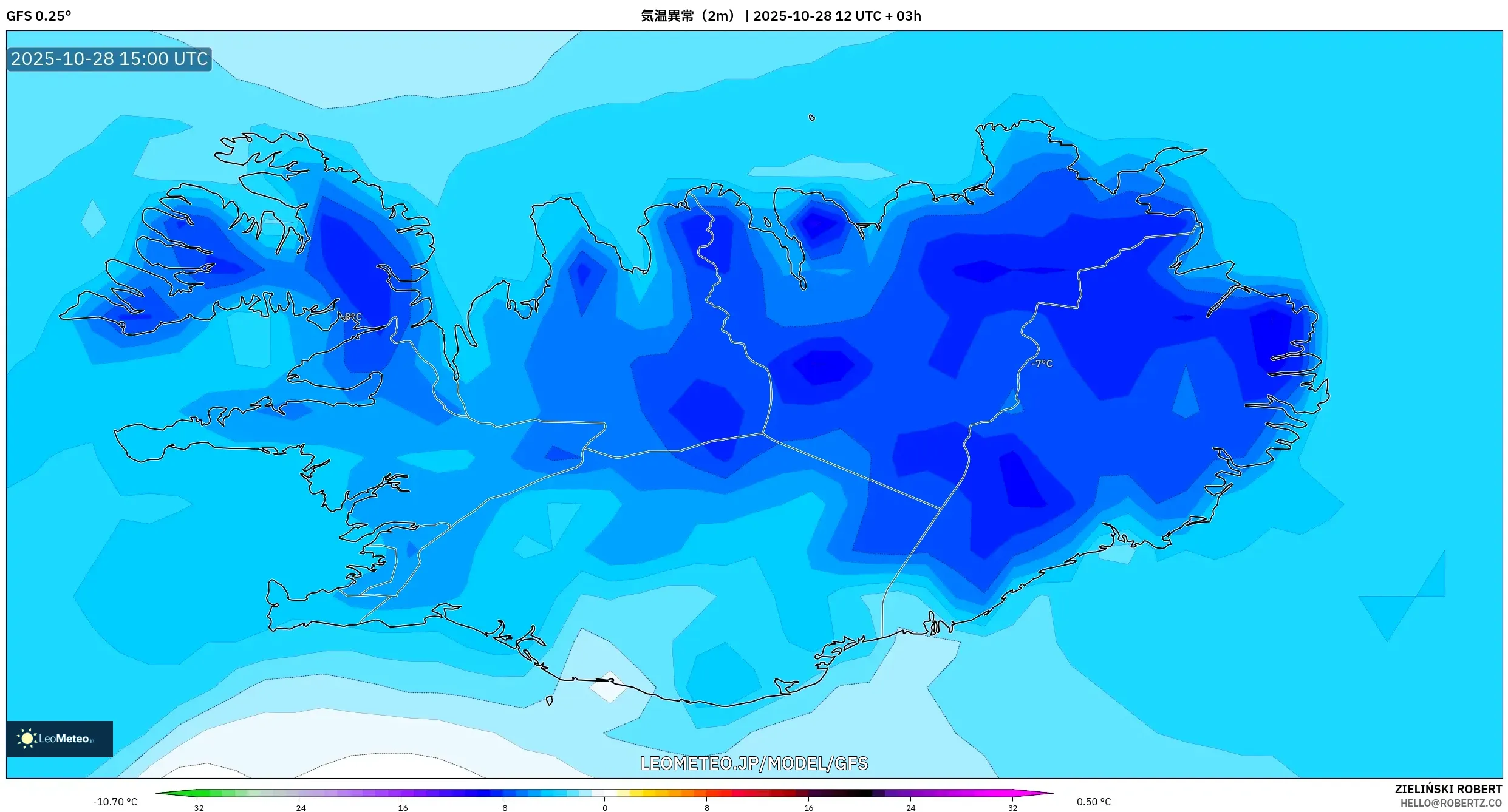 GFS model - アイスランド, 気温異常(2m) GFS model - アイスランド, 気温異常(2m)