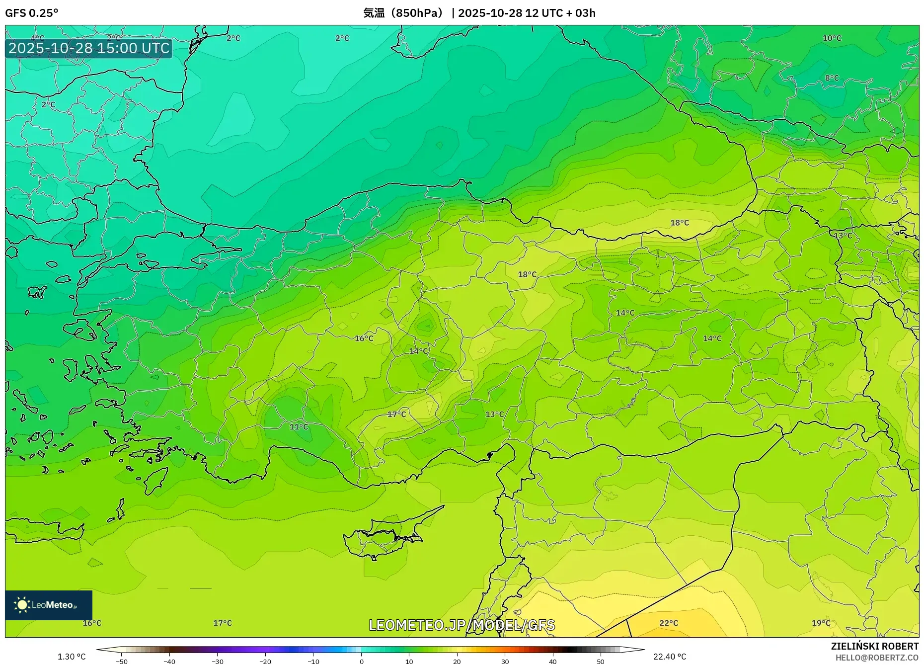GFS model - トルコ, 気温(850hPa) GFS model - トルコ, 気温(850hPa)
