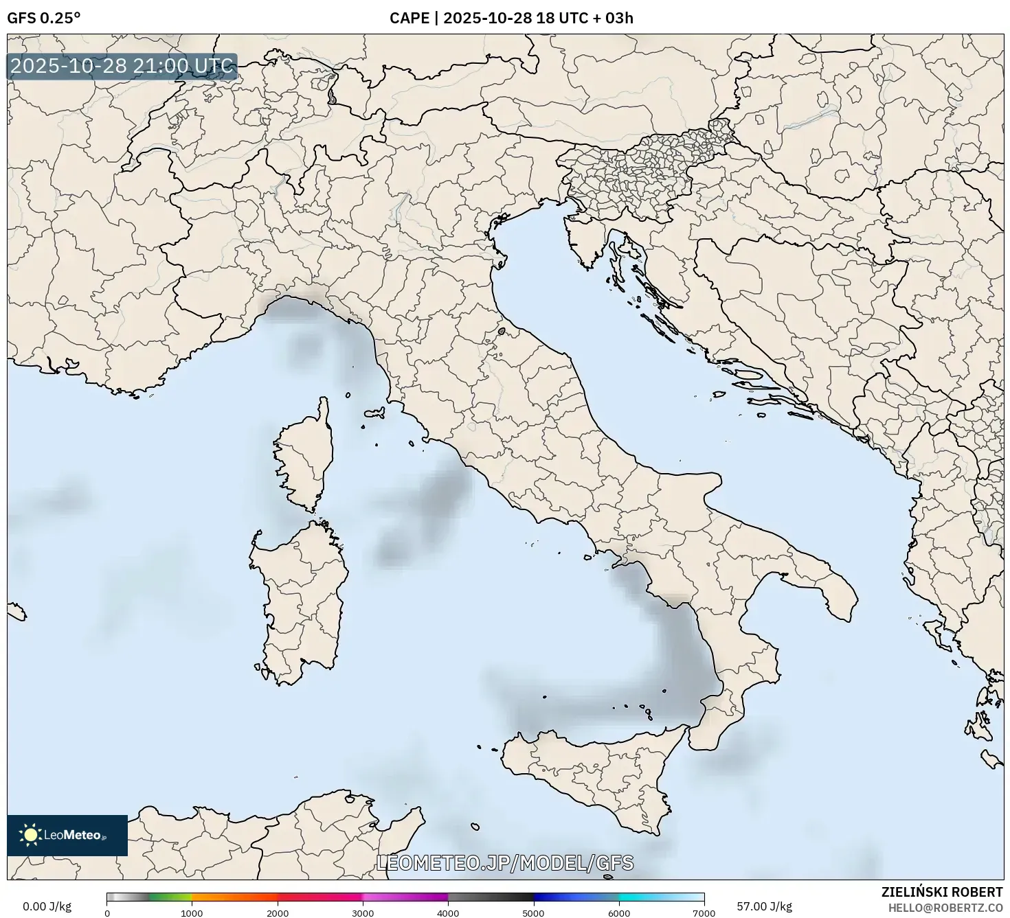 GFS model - イタリア, CAPE GFS model - イタリア, CAPE