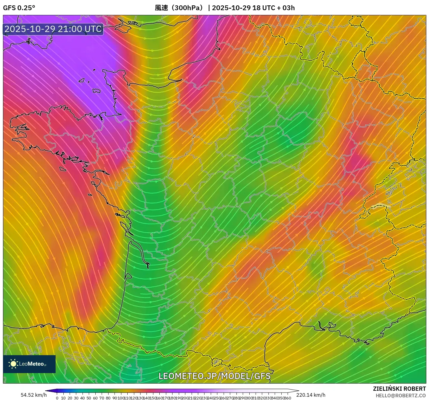 GFS model - フランス, 風速（300hPa）