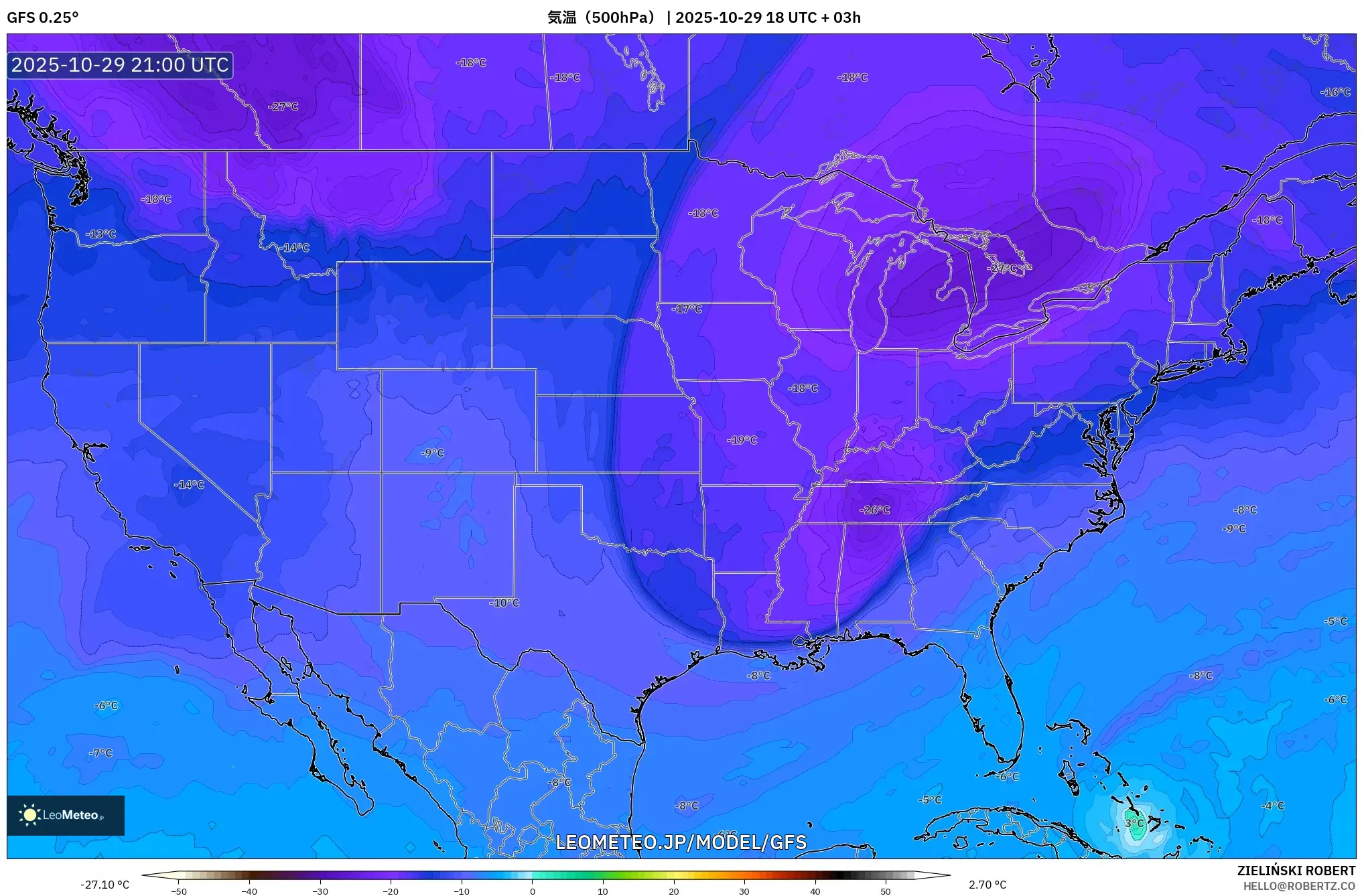 GFS model - アメリカ合衆国, 気温(500hPa) GFS model - アメリカ合衆国, 気温(500hPa)