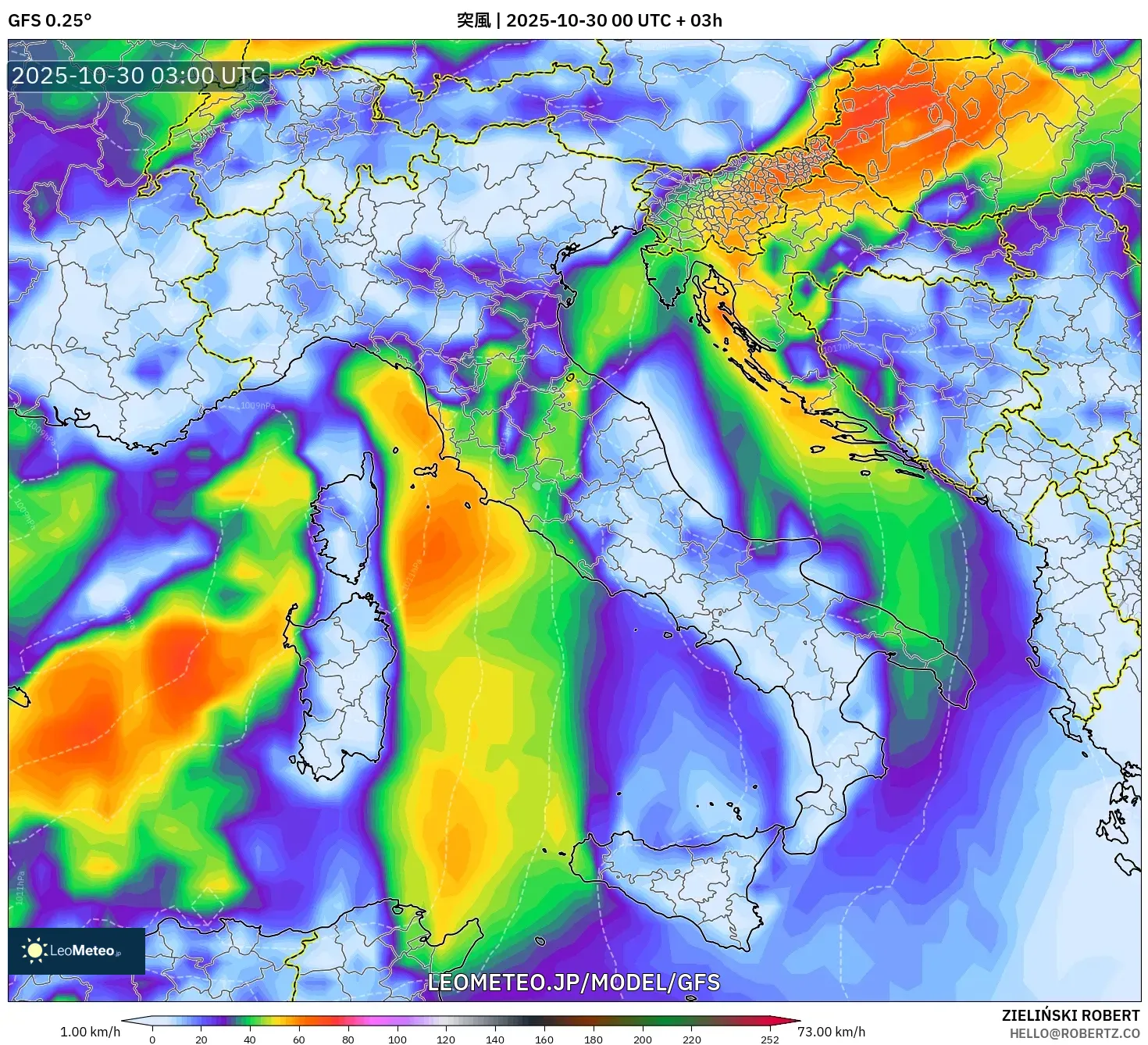 GFS model - イタリア, 突風 GFS model - イタリア, 突風