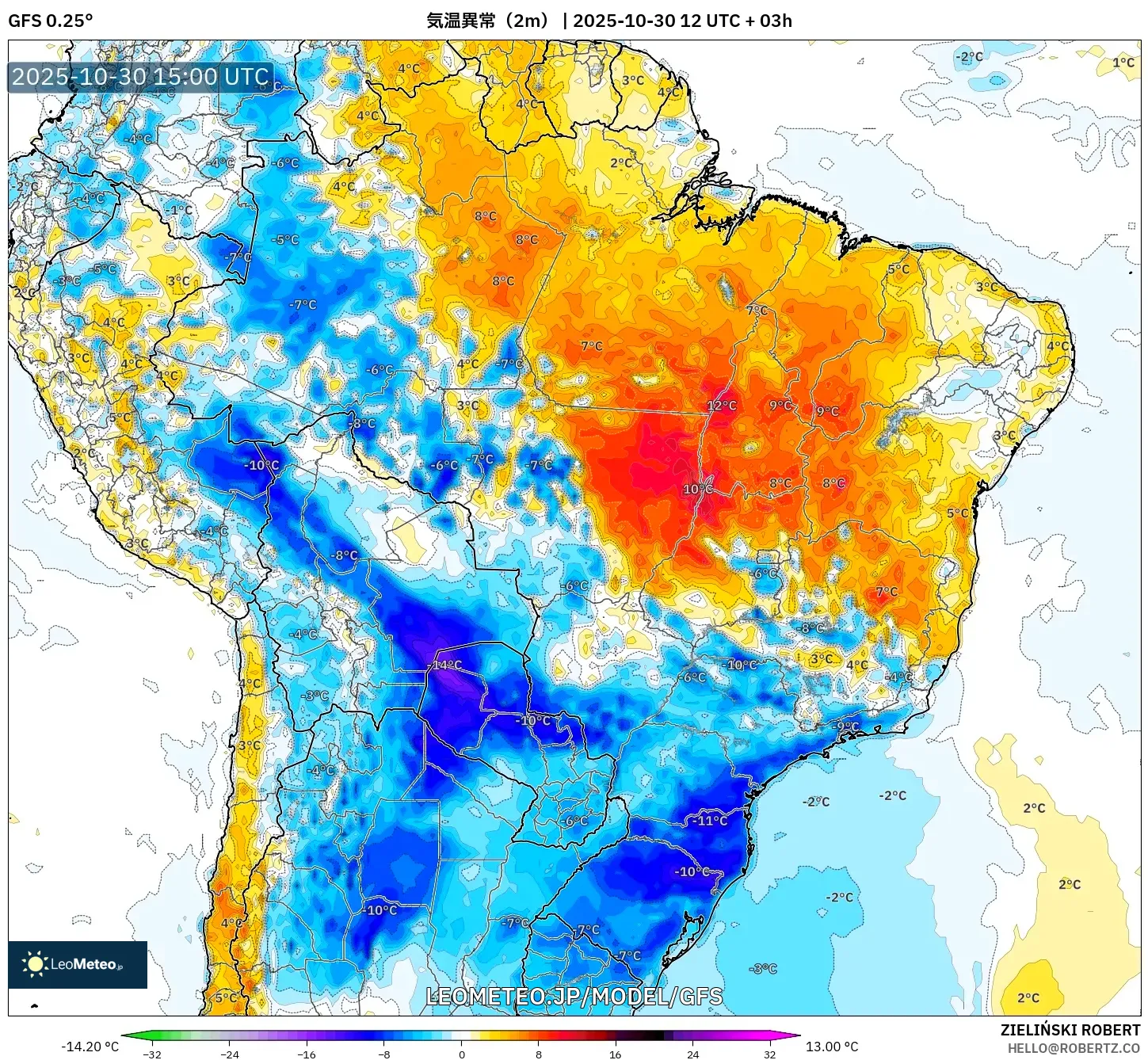 GFS model - ブラジル, 気温異常(2m) GFS model - ブラジル, 気温異常(2m)