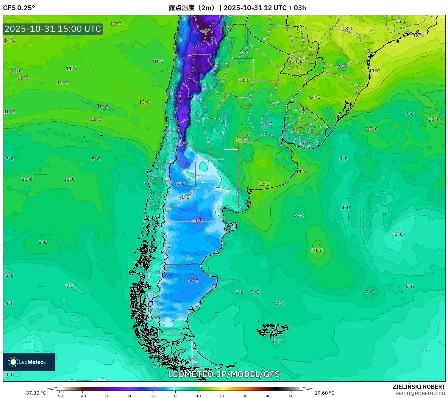 GFS model - アルゼンチン, 露点温度(2m) GFS model - アルゼンチン, 露点温度(2m)