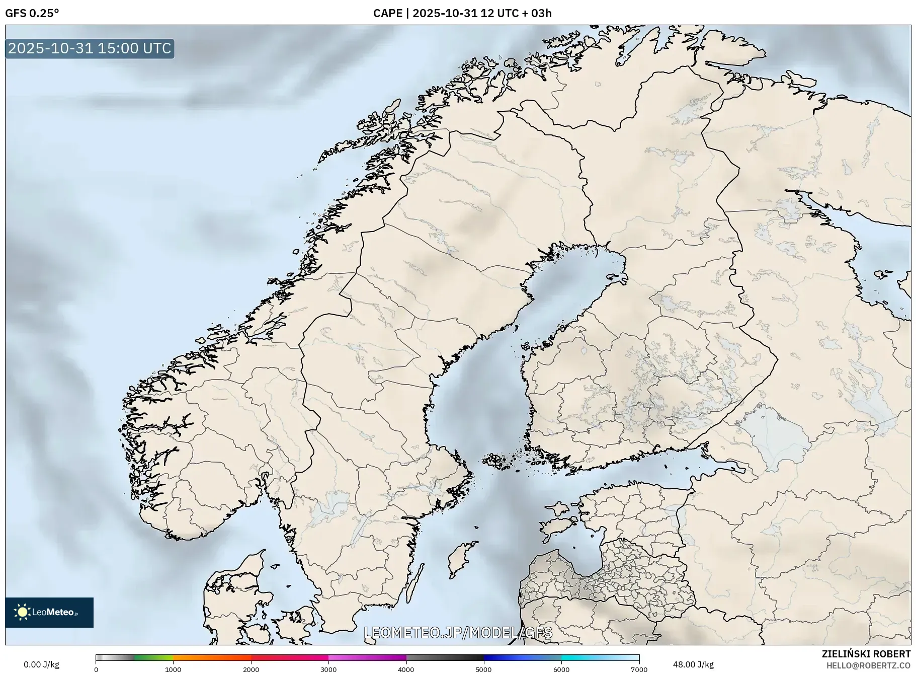 GFS model - スカンジナビア, CAPE GFS model - スカンジナビア, CAPE