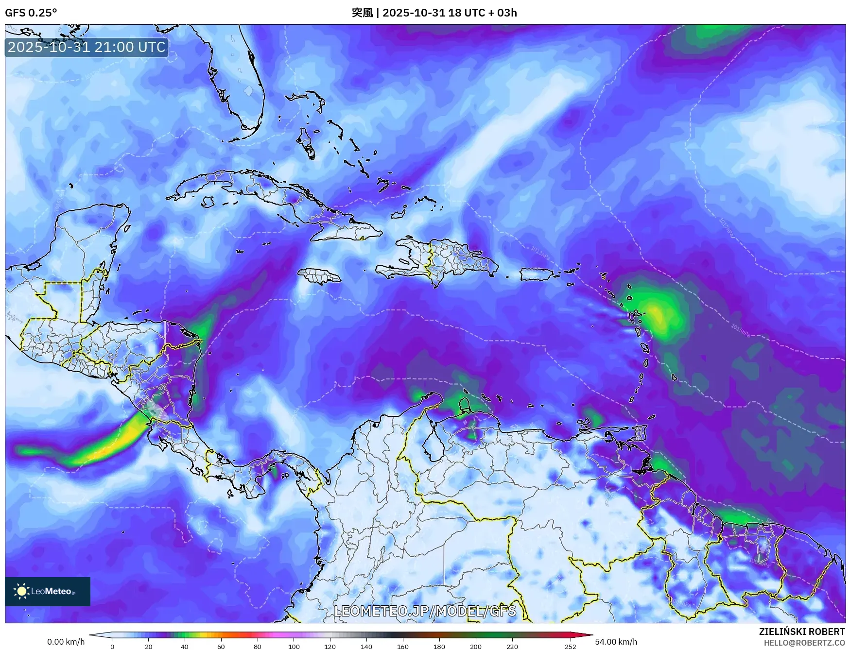 GFS model - カリブ海, 突風 GFS model - カリブ海, 突風