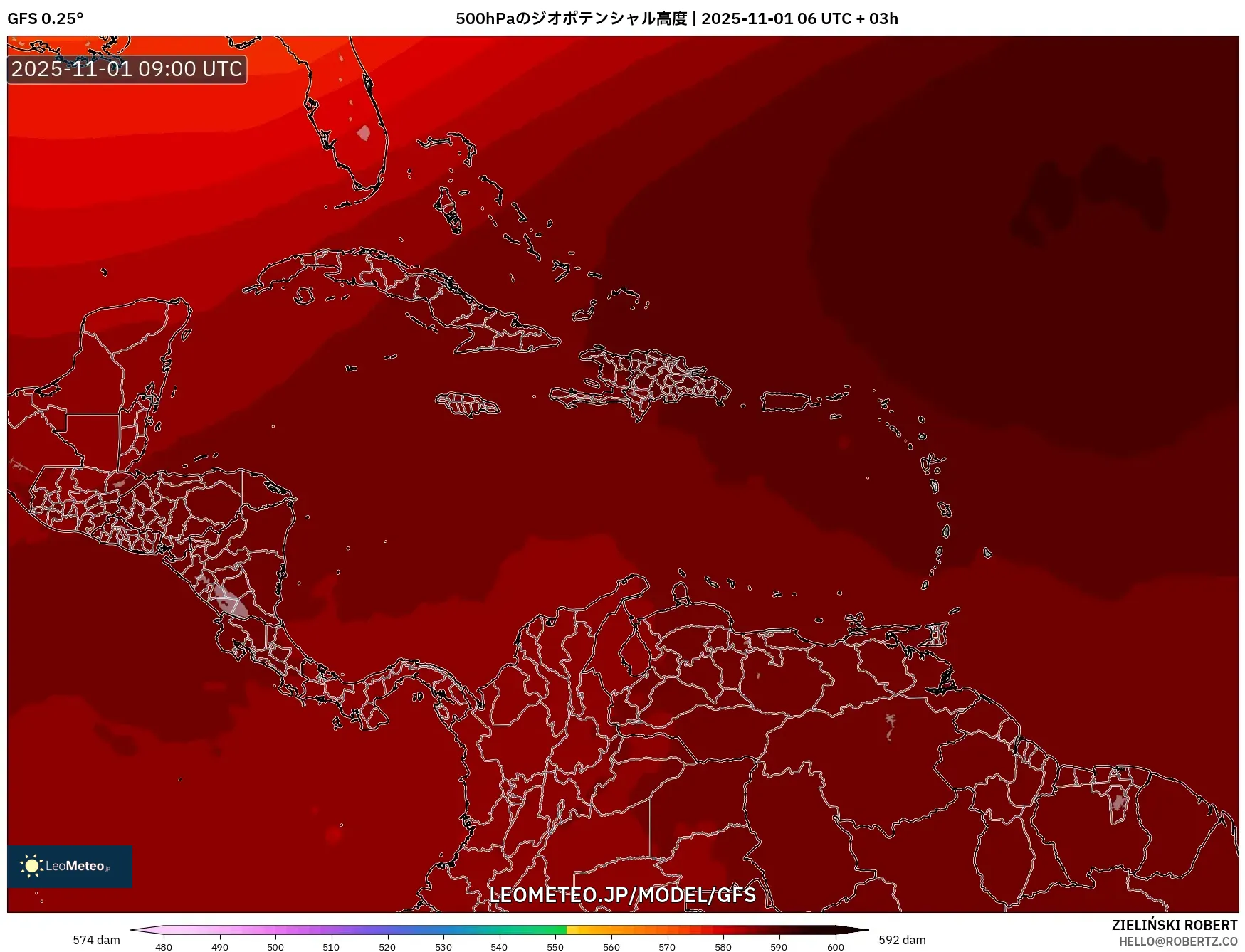 GFS model - カリブ海, 500hPaのジオポテンシャル高度 GFS model - カリブ海, 500hPaのジオポテンシャル高度