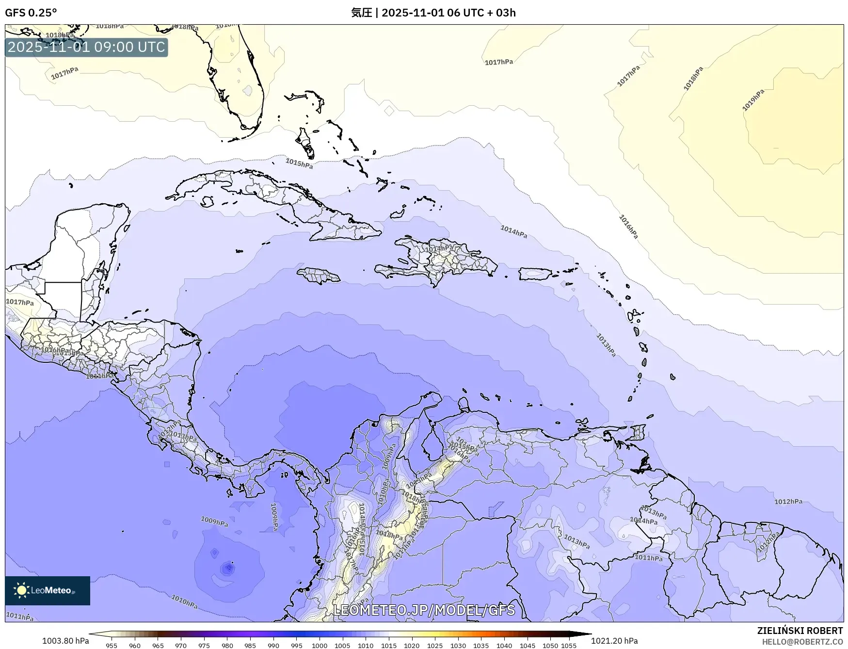 GFS model - カリブ海, 気圧 GFS model - カリブ海, 気圧