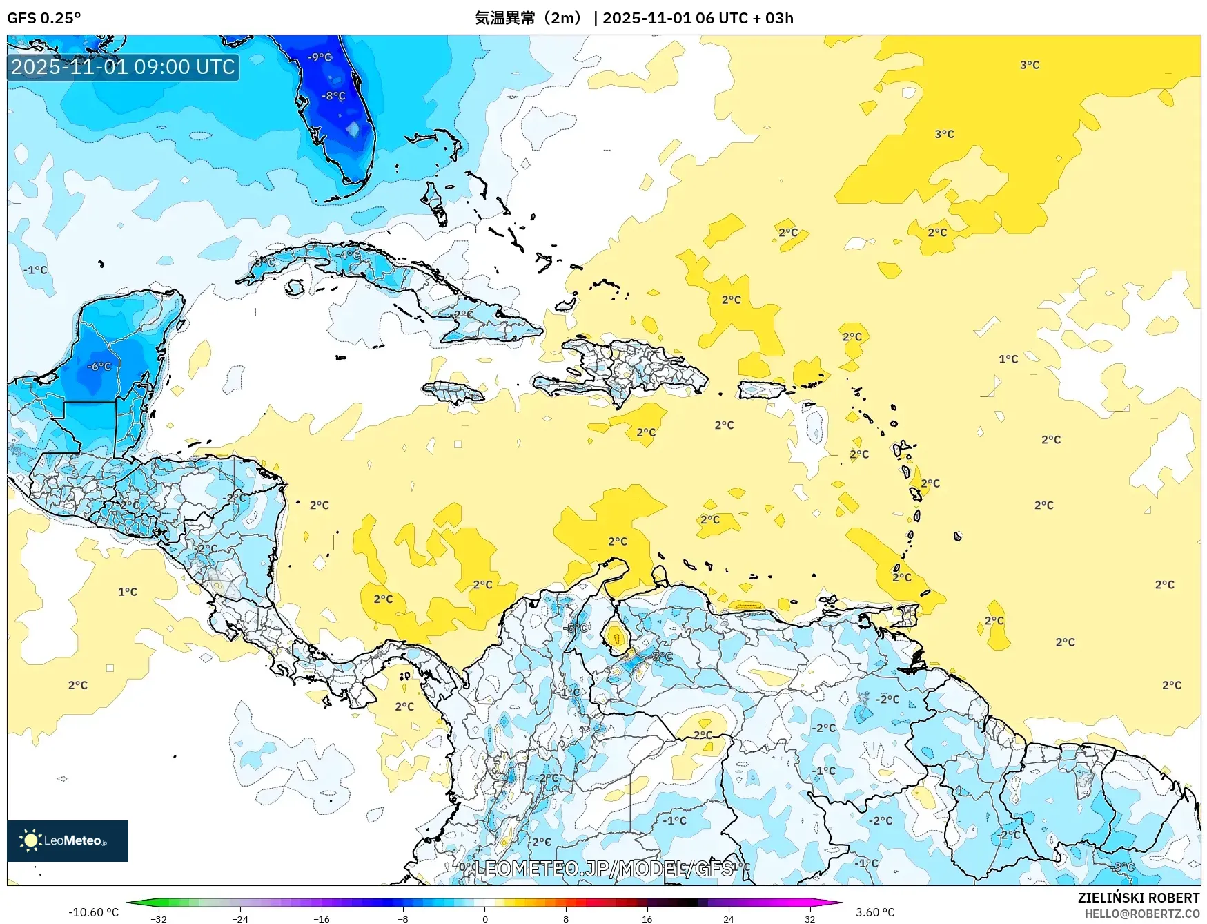 GFS model - カリブ海, 気温異常(2m) GFS model - カリブ海, 気温異常(2m)
