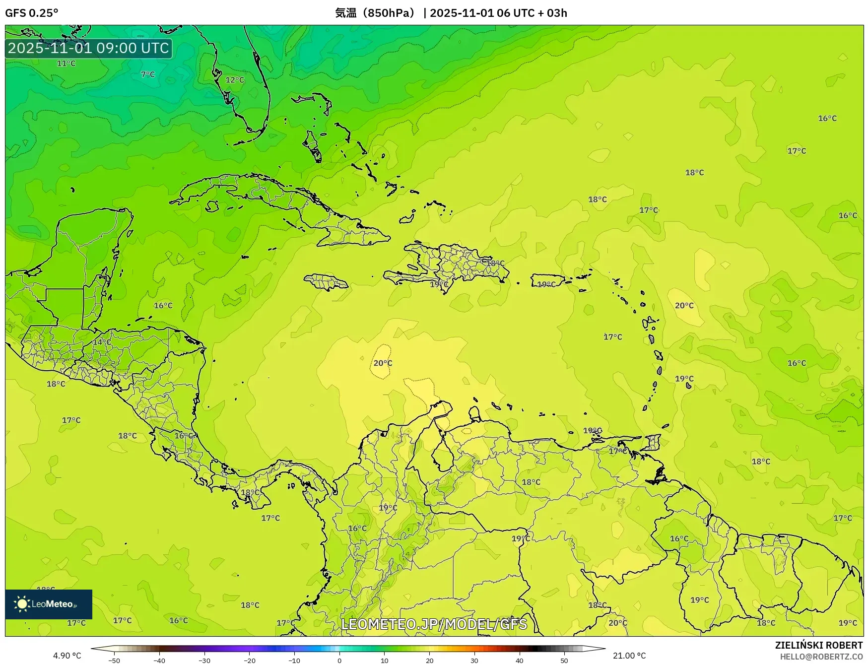 GFS model - カリブ海, 気温(850hPa) GFS model - カリブ海, 気温(850hPa)