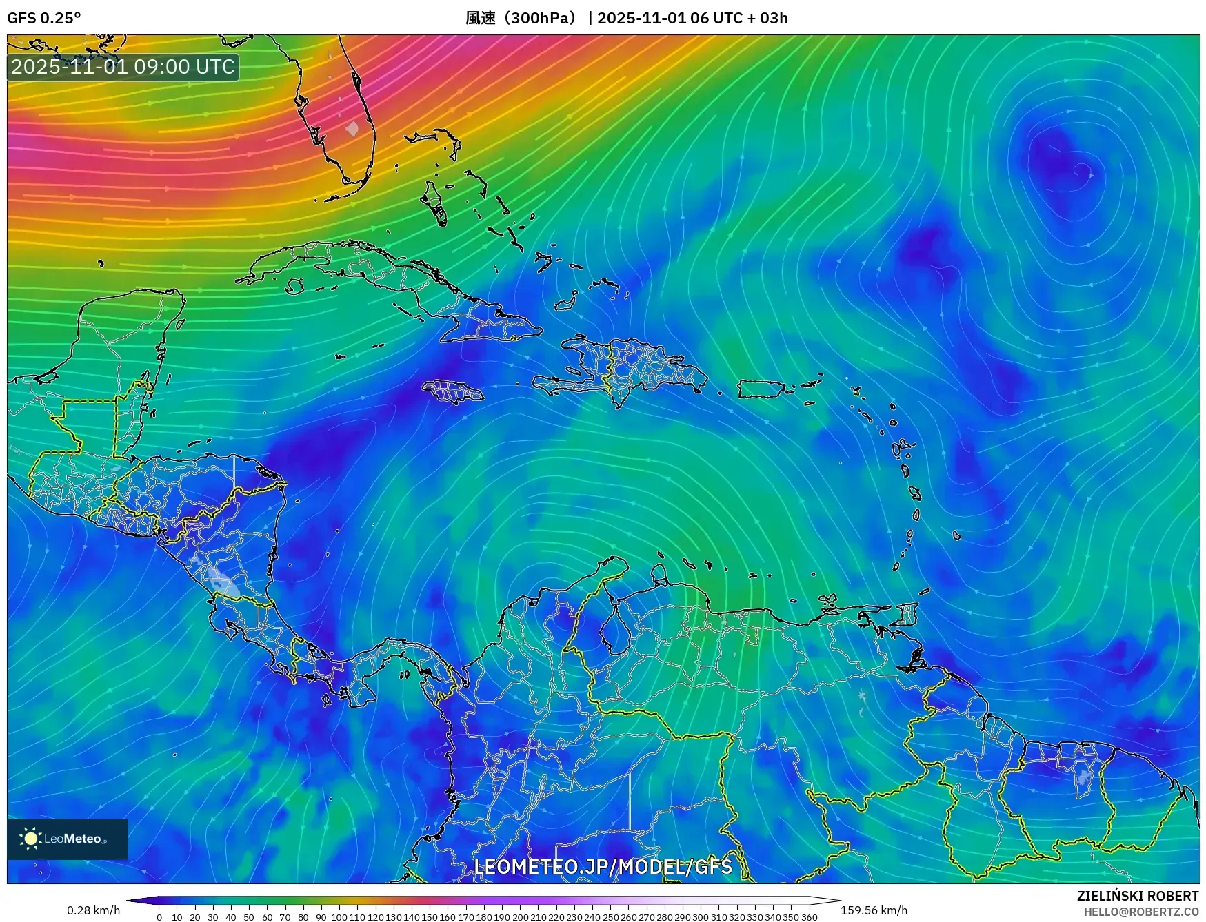 GFS model - カリブ海, 風速(300hPa) GFS model - カリブ海, 風速(300hPa)