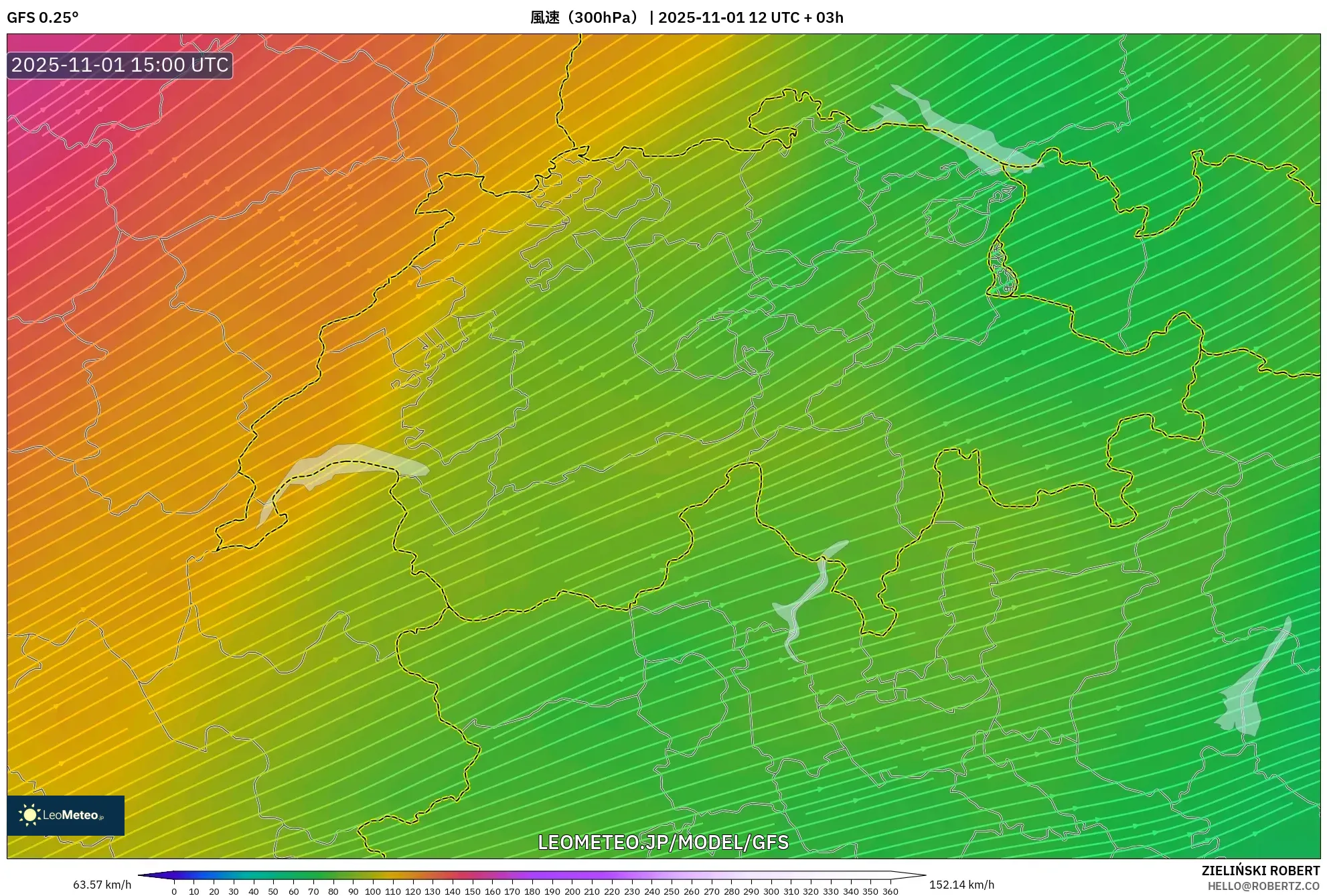 GFS model - スイス, 風速(300hPa) GFS model - スイス, 風速(300hPa)