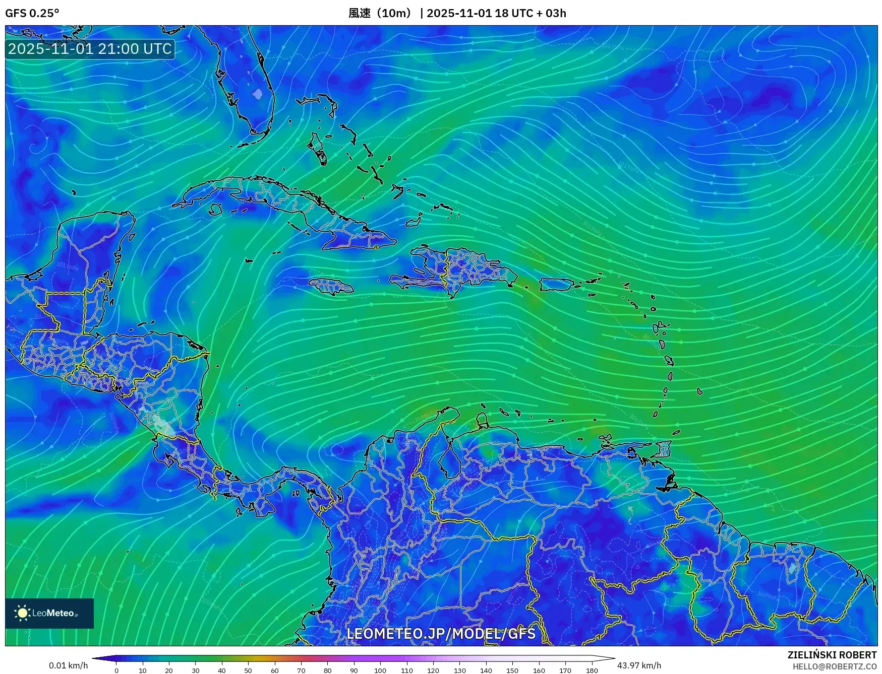 GFS model - カリブ海, 風速(10m) GFS model - カリブ海, 風速(10m)