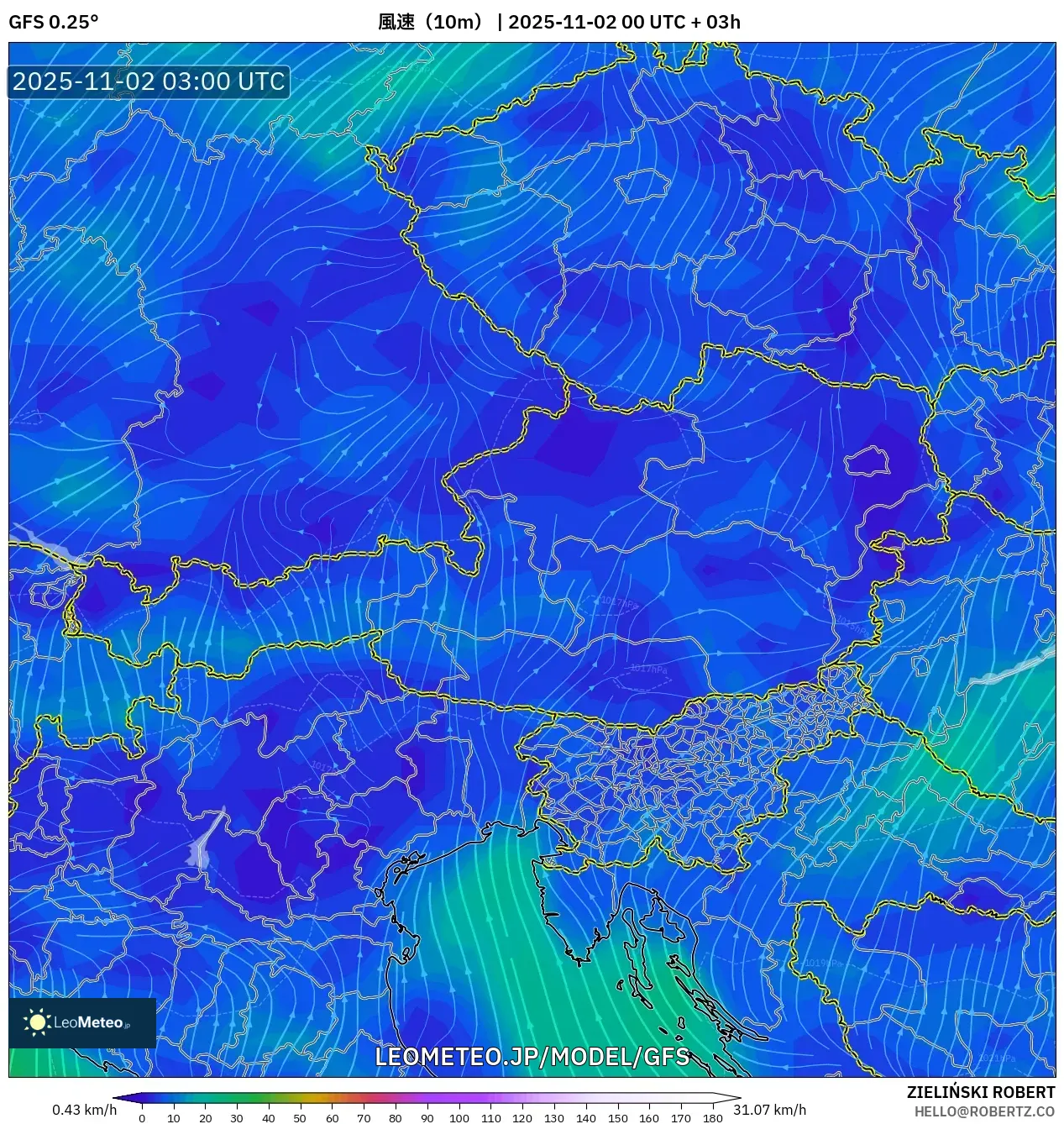 GFS model - オーストリア, 風速(10m) GFS model - オーストリア, 風速(10m)