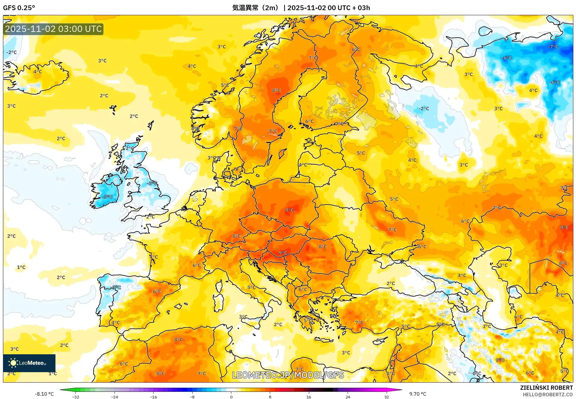 GFS model - ヨーロッパ, 気温異常(2m) GFS model - ヨーロッパ, 気温異常(2m)