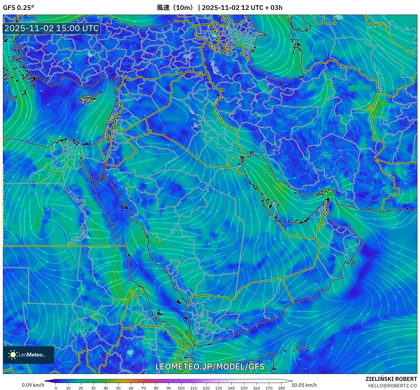 GFS model - 中東, 風速(10m) GFS model - 中東, 風速(10m)