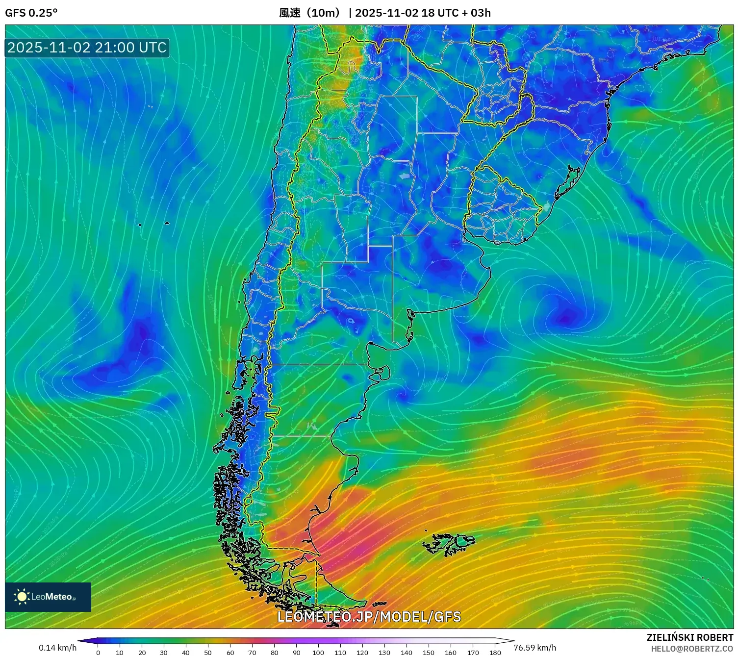 GFS model - アルゼンチン, 風速（10m）