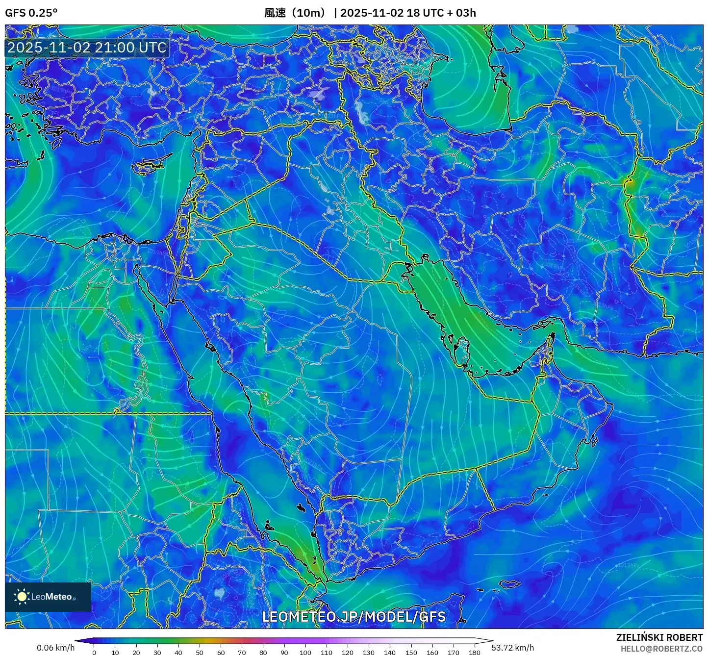 GFS model - 中東, 風速（10m）