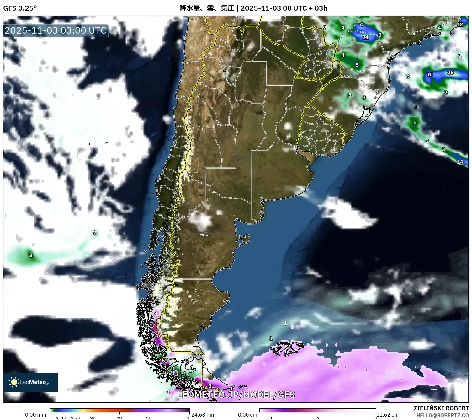 GFS model - アルゼンチン, 降水量、雲、気圧