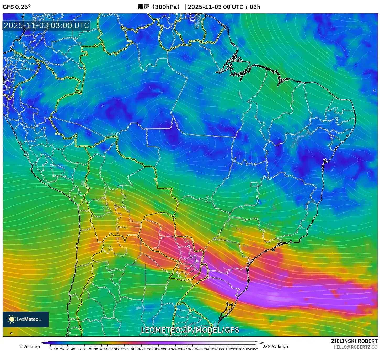 GFS model - ブラジル, 風速（300hPa）