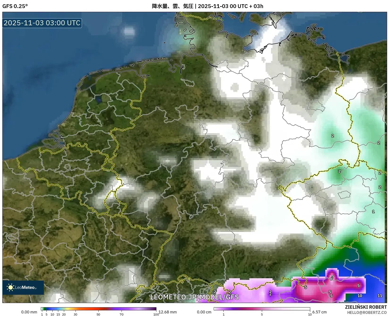 GFS model - ドイツ, 降水量、雲、気圧