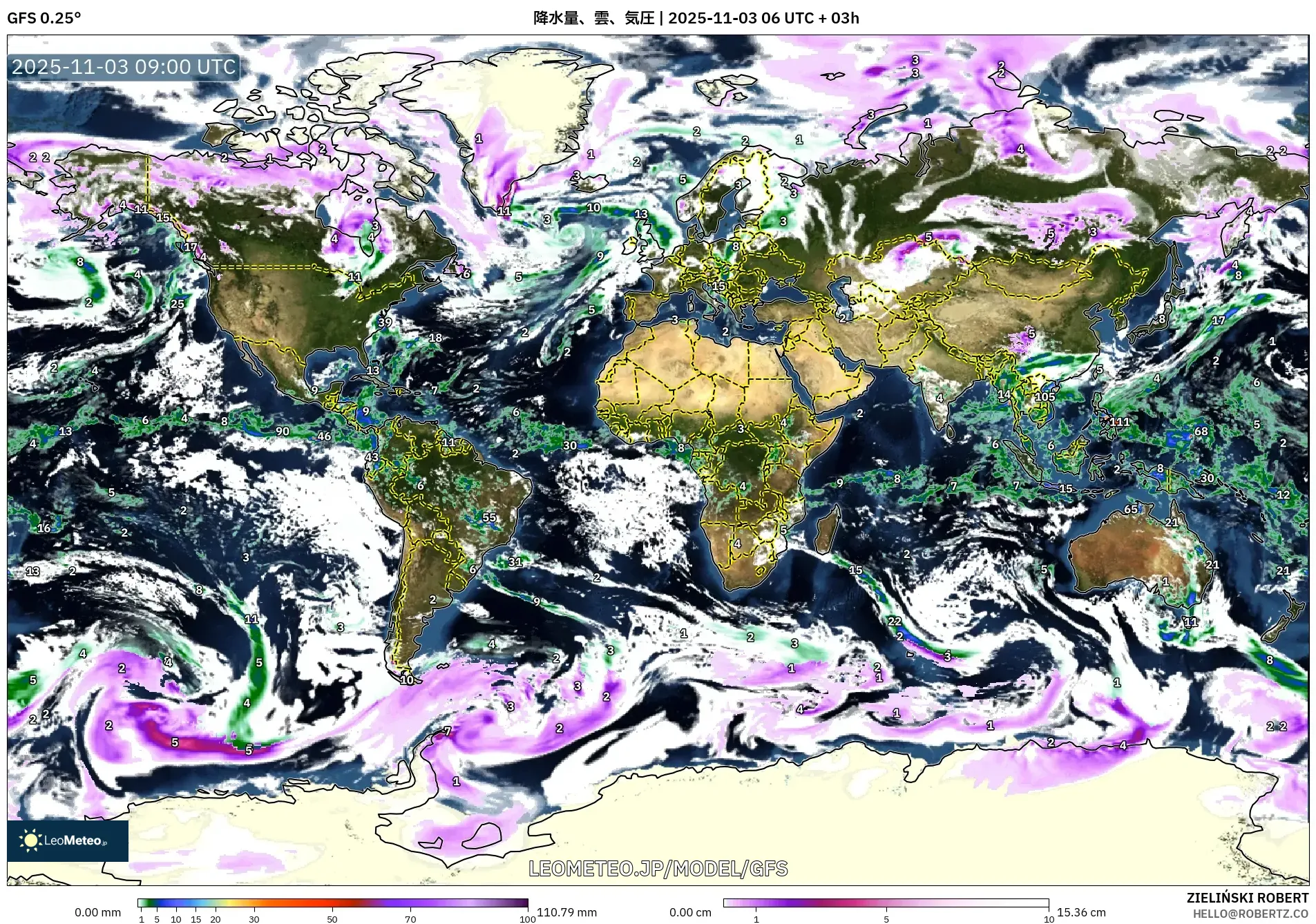 GFS model - 世界, 降水量、雲、気圧