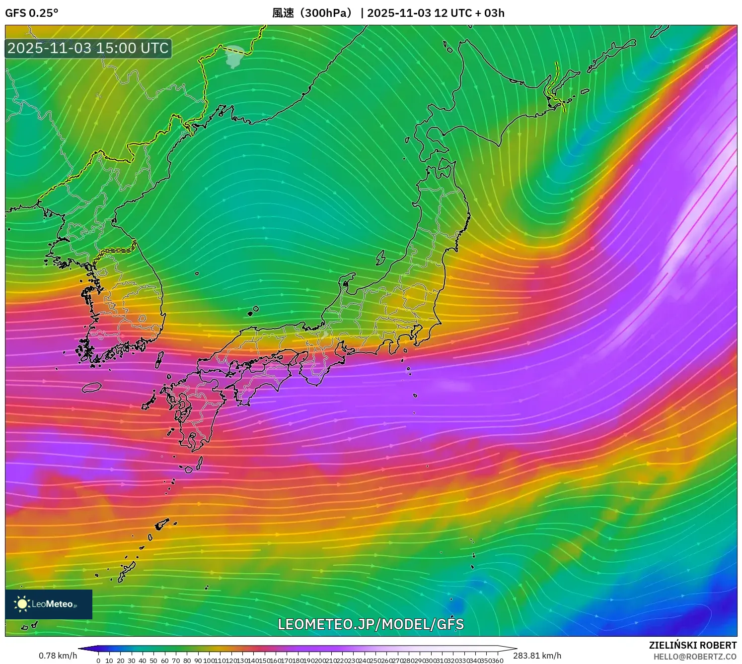 GFS model - 日本, 風速（300hPa）