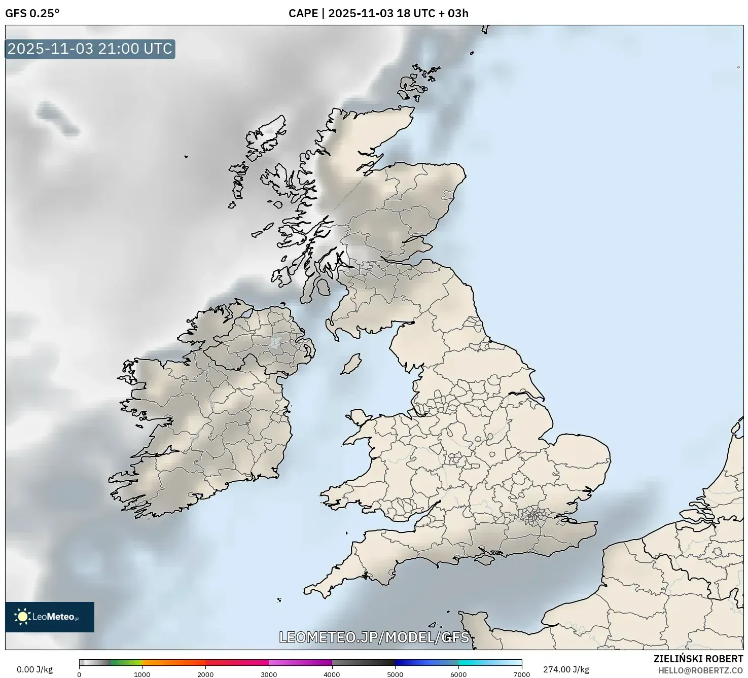 GFS model - イギリス, CAPE