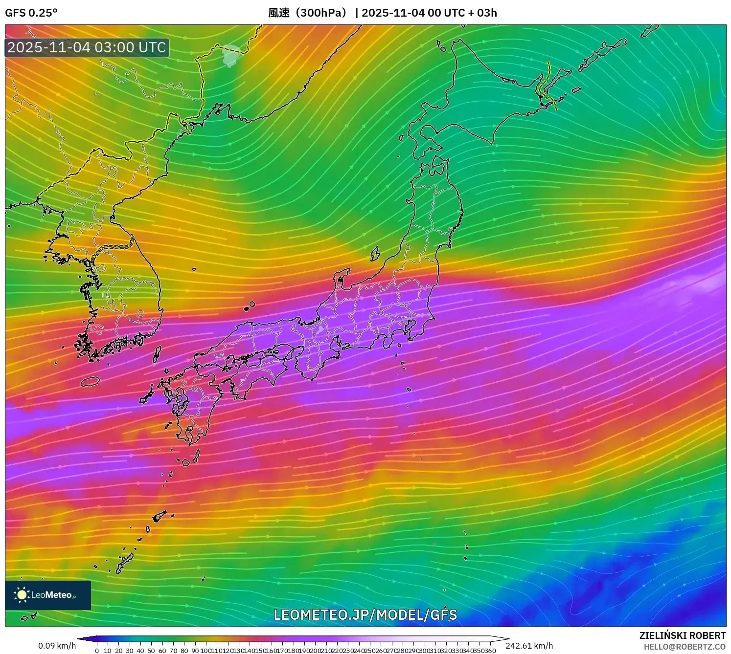 GFS model - 日本, 風速（300hPa）