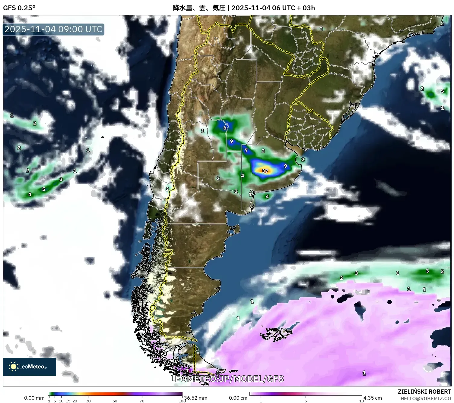 GFS model - アルゼンチン, 降水量、雲、気圧