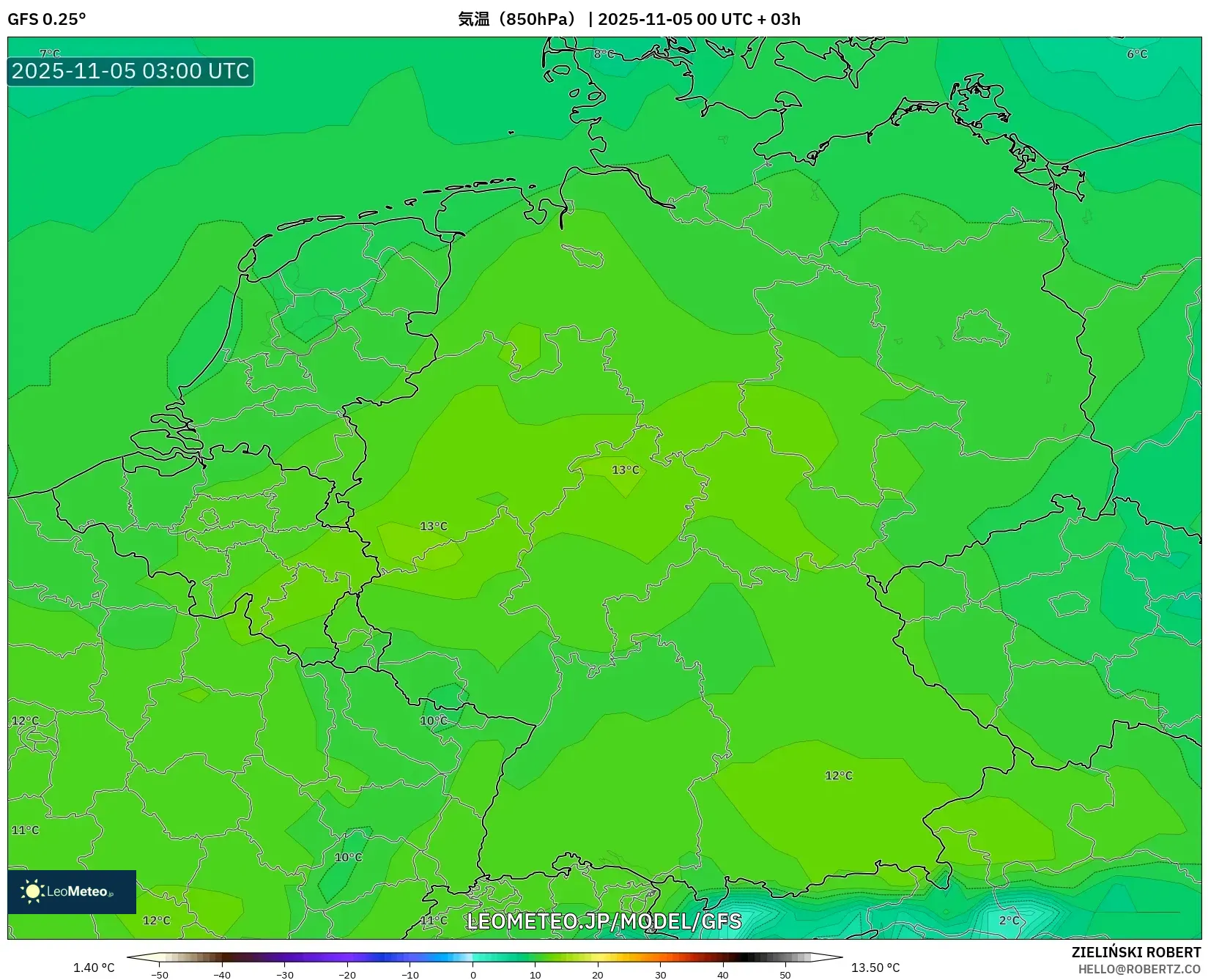 GFS model - ドイツ, 気温（850hPa）