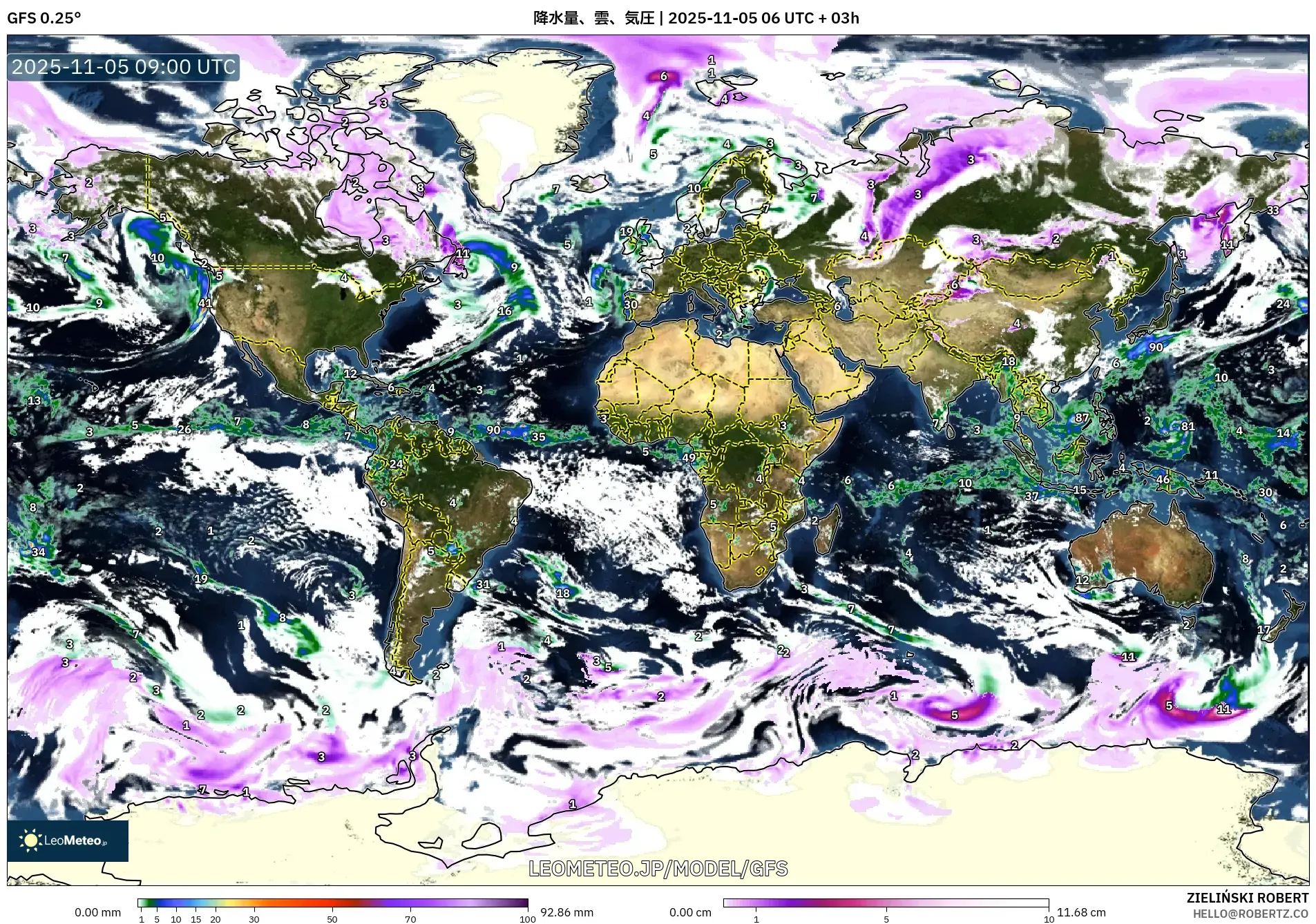 GFS model - 世界, 降水量、雲、気圧