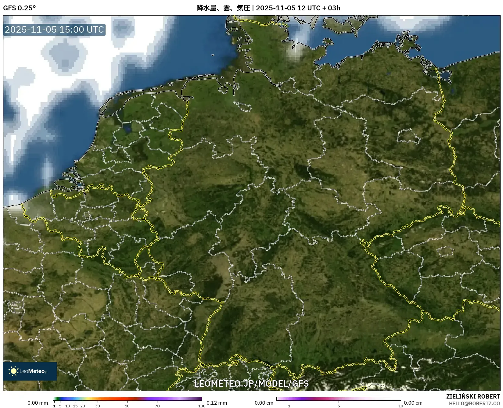 GFS model - ドイツ, 降水量、雲、気圧