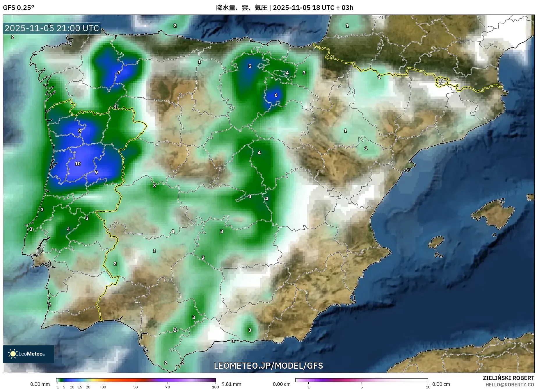 GFS model - スペイン, 降水量、雲、気圧