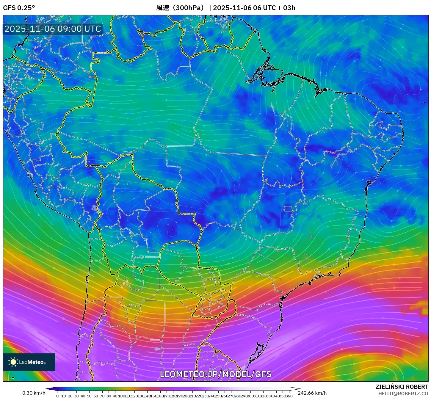 GFS model - ブラジル, 風速（300hPa）