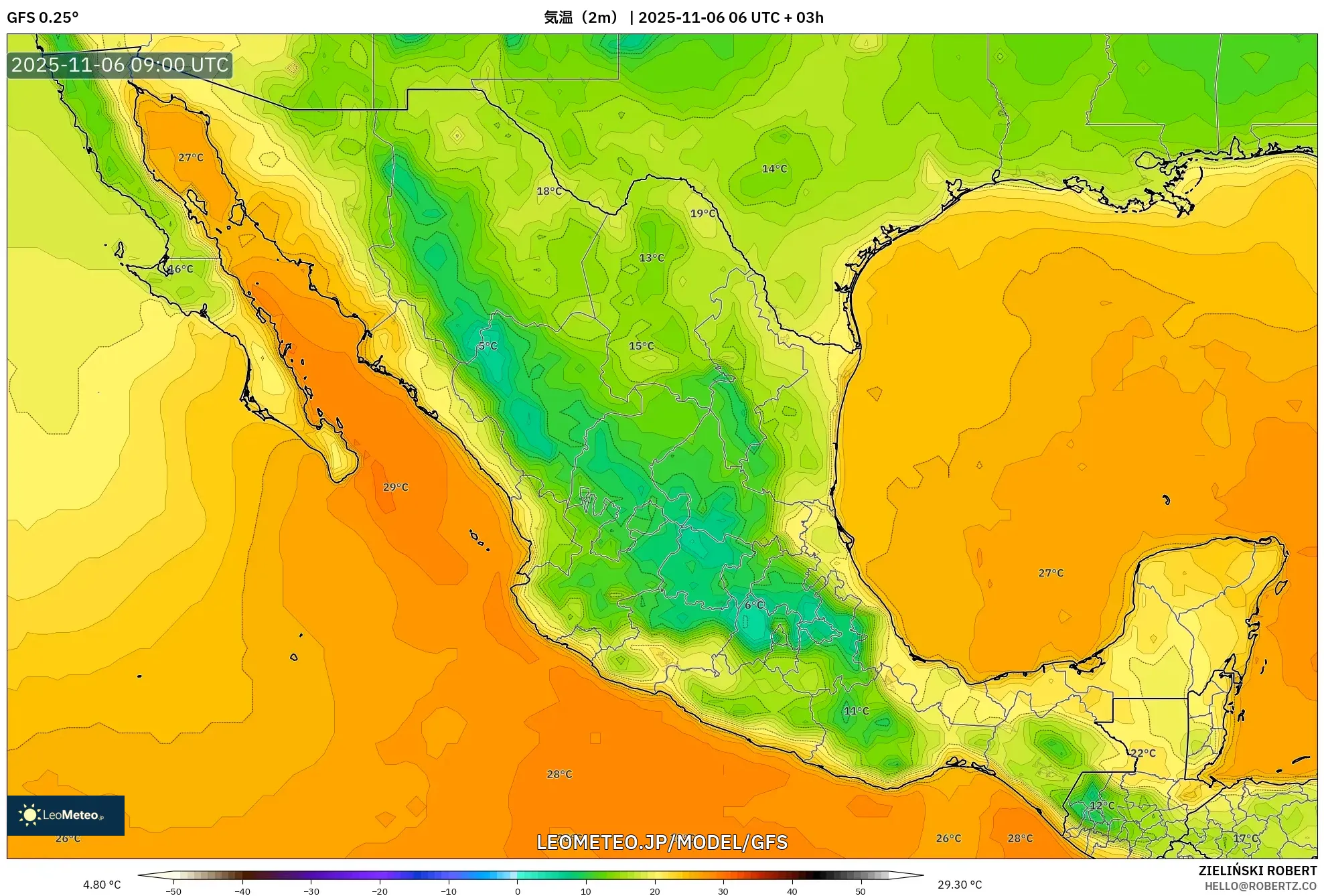 GFS model - メキシコ, 気温（2m）