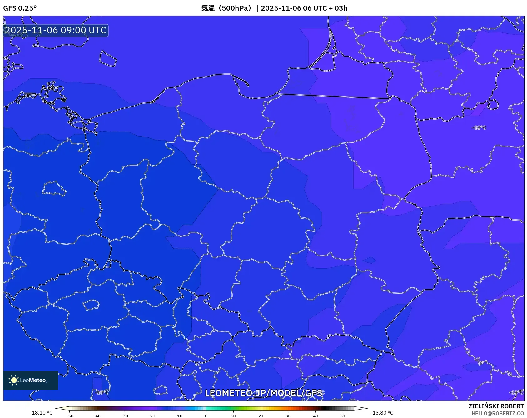 GFS model - ポーランド, 気温（500hPa）
