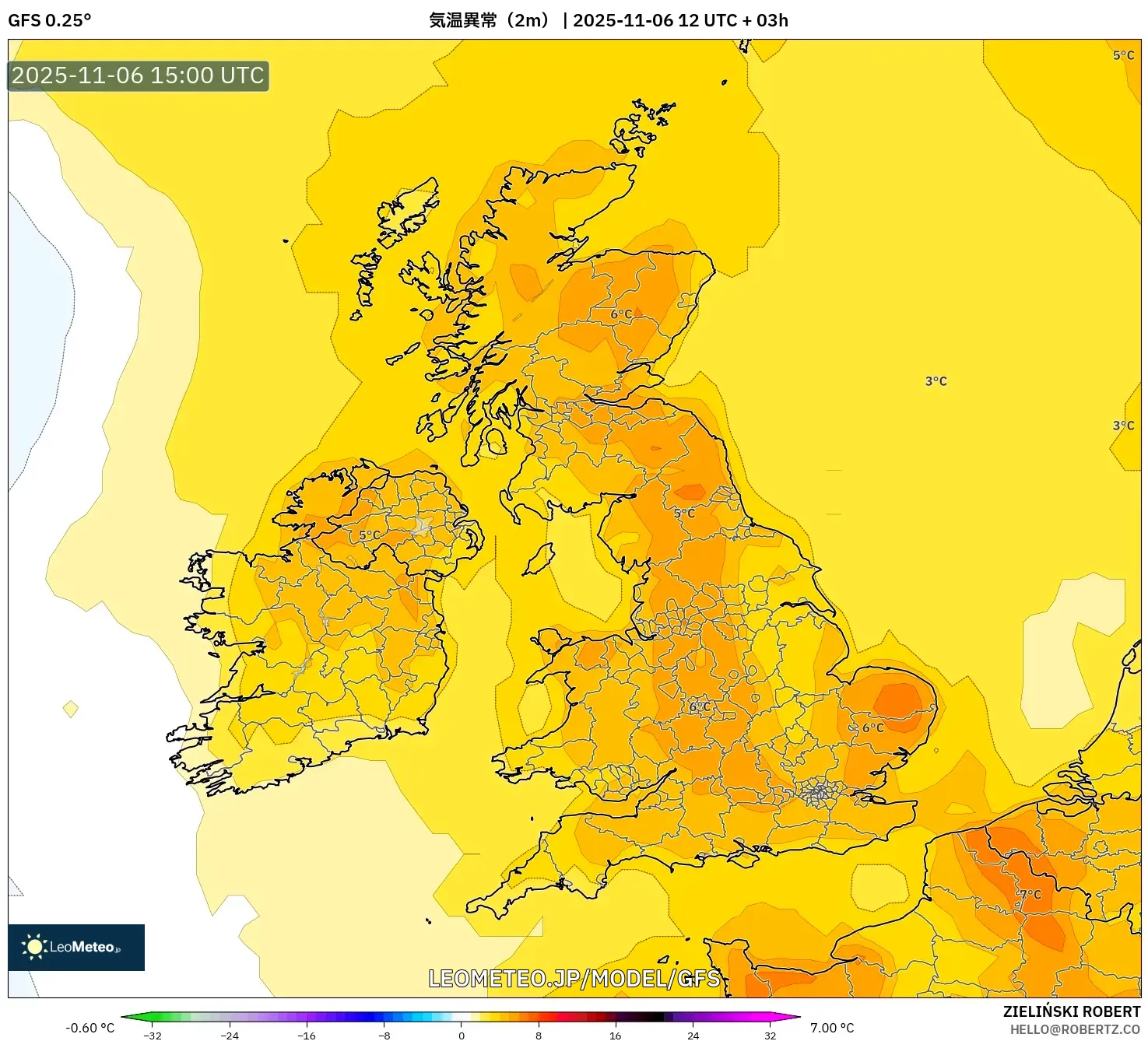 GFS model - イギリス, 気温異常（2m）